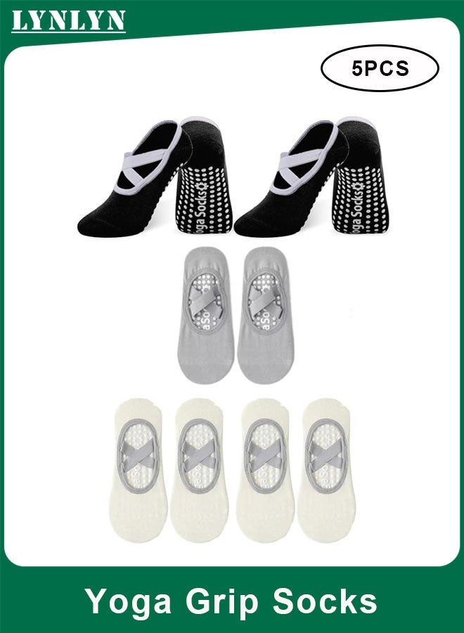 LYNLYN 5 Pairs Yoga Grip Socks for Women, Non-Slip Pilates Socks with Straps, Combed Cotton Anti-Skid Barre Ballet Workout Socks in Black White Grey - Image 1